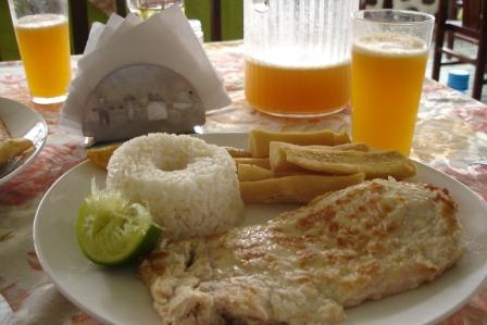 Surubi (river fish), fried yuka and platanos, rice, and maracuya juice